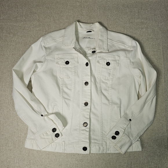 White Edie Bauer White Jean Jacket with Bronze Buttons Stretchy  XL - Picture 10 of 16